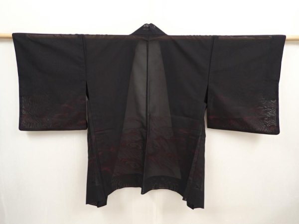 Photo1: 6915T01z270 Vintage Japanese Kimono Silk See through HAORI Stream Black (1)