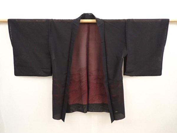 Photo5: 6915T01z270 Vintage Japanese Kimono Silk See through HAORI Stream Black (5)