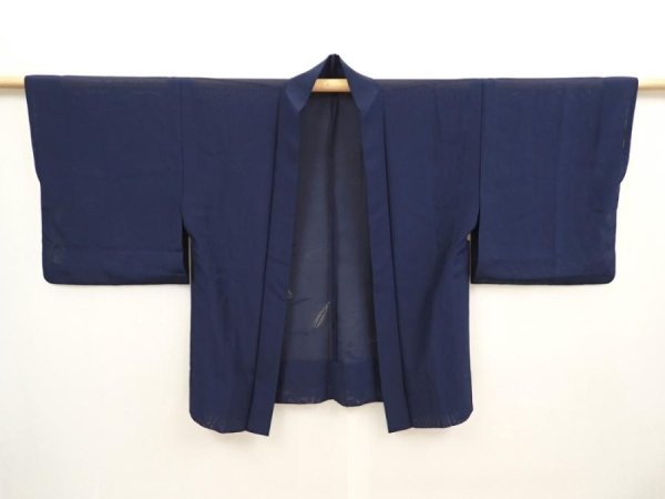 Photo5: 6915T02z240 Vintage Japanese Kimono Silk See through HAORI Plants Navy (5)