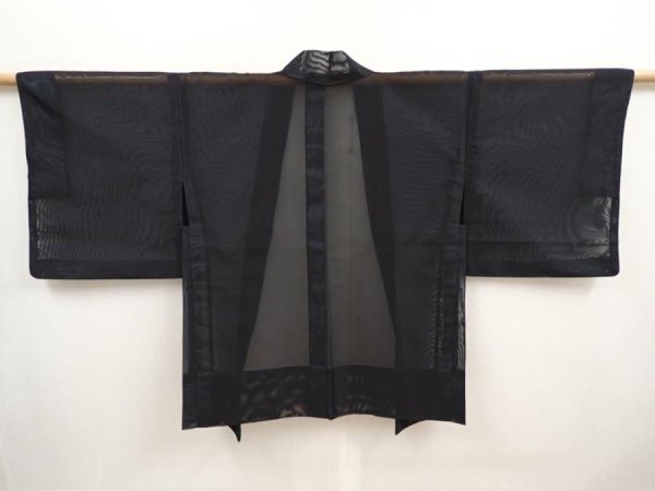 Photo1: 6915T03z210 Vintage Japanese Kimono Silk See through HAORI Plain Black (1)