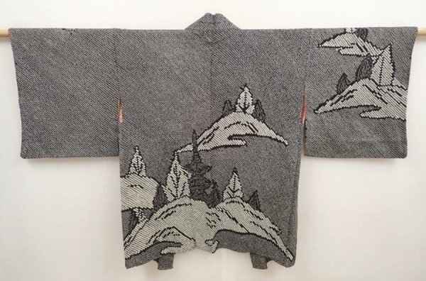 Photo1: 6915T07z520 Vintage Japanese Kimono Silk SHIBORI HAORI Tower Black (1)