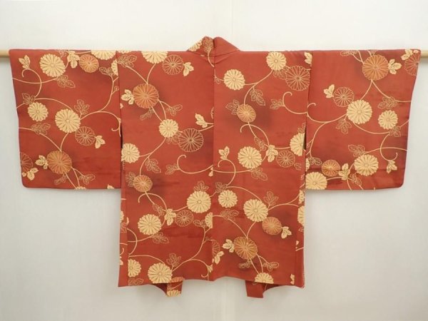 Photo1: 6915T08z520 Vintage Japanese Kimono Silk HAORI Chrysanthemum Red-Brown (1)