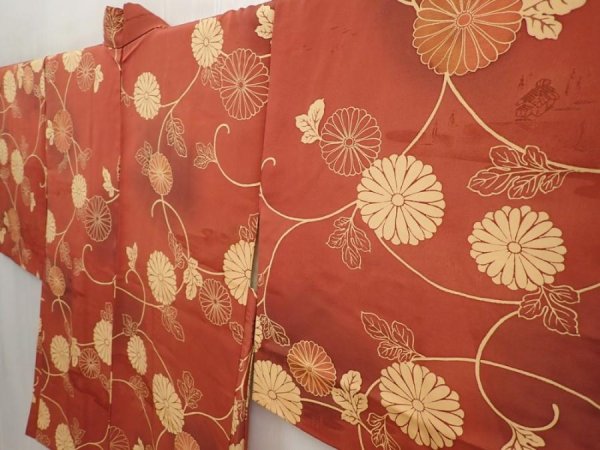Photo2: 6915T08z520 Vintage Japanese Kimono Silk HAORI Chrysanthemum Red-Brown (2)
