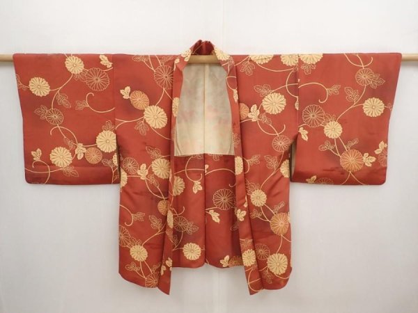 Photo5: 6915T08z520 Vintage Japanese Kimono Silk HAORI Chrysanthemum Red-Brown (5)