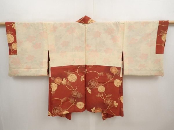 Photo6: 6915T08z520 Vintage Japanese Kimono Silk HAORI Chrysanthemum Red-Brown (6)
