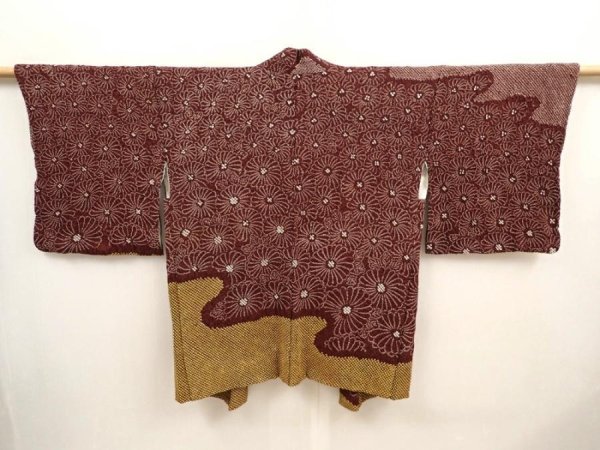 Photo1: 6915T09z630 Vintage Japanese Kimono Silk SHIBORI HAORI Chrysanthemum Brown (1)