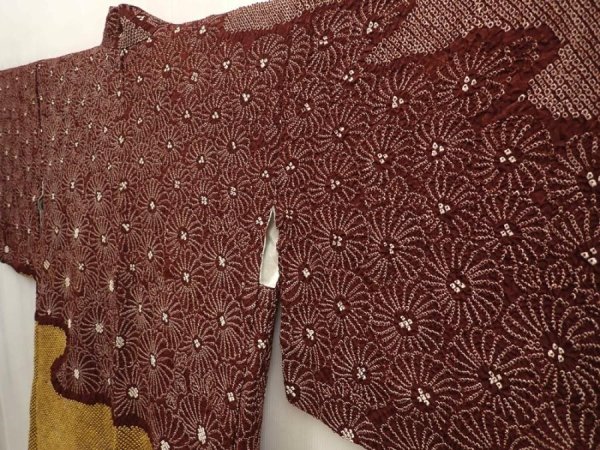 Photo2: 6915T09z630 Vintage Japanese Kimono Silk SHIBORI HAORI Chrysanthemum Brown (2)