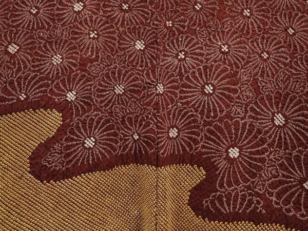 Photo3: 6915T09z630 Vintage Japanese Kimono Silk SHIBORI HAORI Chrysanthemum Brown (3)