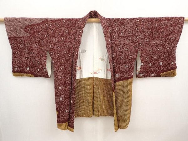 Photo5: 6915T09z630 Vintage Japanese Kimono Silk SHIBORI HAORI Chrysanthemum Brown (5)