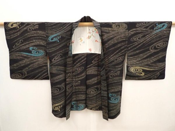 Photo6: 6915T10z700 Vintage Japanese Kimono Silk HAORI Wave Black (6)