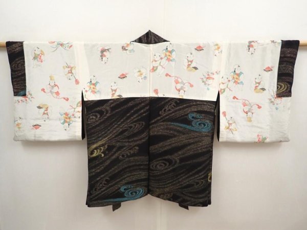 Photo7: 6915T10z700 Vintage Japanese Kimono Silk HAORI Wave Black (7)