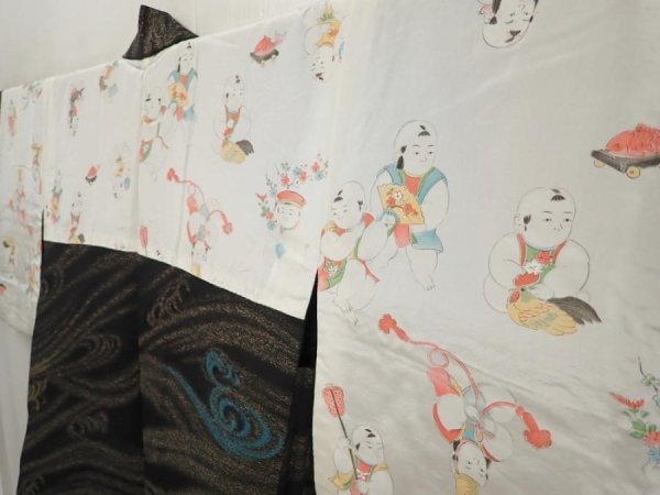 Photo8: 6915T10z700 Vintage Japanese Kimono Silk HAORI Wave Black (8)