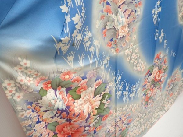 Photo3: 6915T11z1090  Japanese Kimono Silk FURISODE Flowers Blue (3)