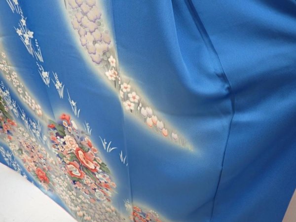 Photo4: 6915T11z1090  Japanese Kimono Silk FURISODE Flowers Blue (4)