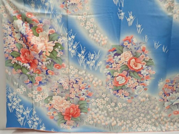 Photo5: 6915T11z1090  Japanese Kimono Silk FURISODE Flowers Blue (5)