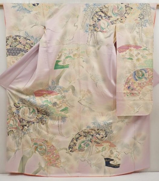 Photo1: 6915T12z1070 Vintage Japanese Kimono Silk FURISODE Crane Light purple (1)