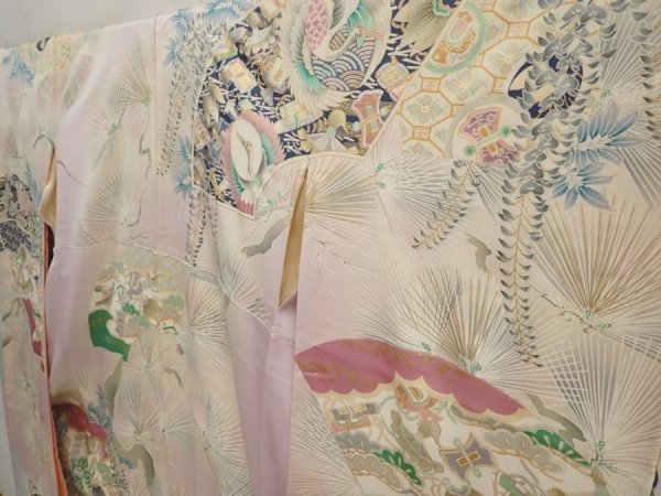 Photo2: 6915T12z1070 Vintage Japanese Kimono Silk FURISODE Crane Light purple (2)