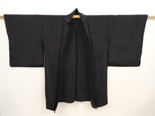 Photo6: 6916T02z280 Vintage Japanese Kimono Silk HAORI Flowers Black (6)