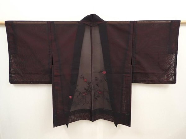 Photo1: 6916T03z250 Vintage Japanese Kimono Silk See through HAORI Flowers Black (1)