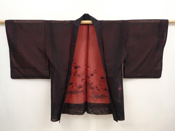 Photo5: 6916T03z250 Vintage Japanese Kimono Silk See through HAORI Flowers Black (5)