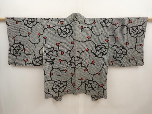 Photo1: 6916T05z460 Vintage Japanese Kimono Silk SHIBORI HAORI Flower Black (1)