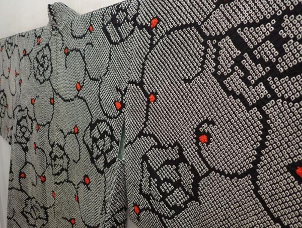 Photo2: 6916T05z460 Vintage Japanese Kimono Silk SHIBORI HAORI Flower Black (2)