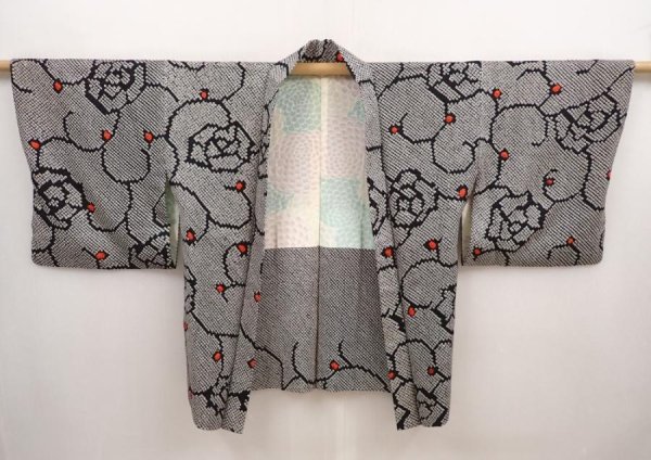 Photo5: 6916T05z460 Vintage Japanese Kimono Silk SHIBORI HAORI Flower Black (5)