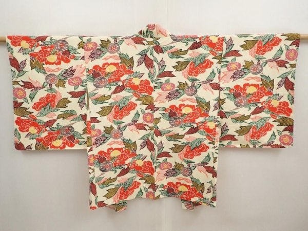 Photo1: 6916T06z520 Vintage Japanese Kimono Silk HAORI Camellia Light cream (1)