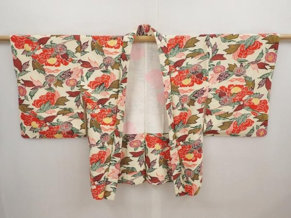 Photo6: 6916T06z520 Vintage Japanese Kimono Silk HAORI Camellia Light cream (6)