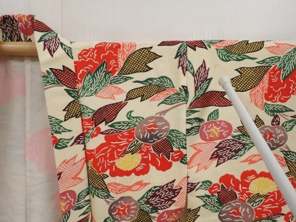 Photo7: 6916T06z520 Vintage Japanese Kimono Silk HAORI Camellia Light cream (7)