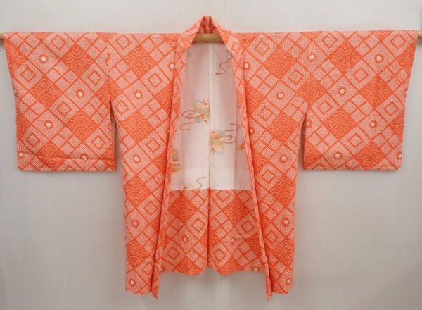 Photo5: 6916T07z640 Vintage Japanese Kimono Silk SHIBORI HAORI  Orangered (5)