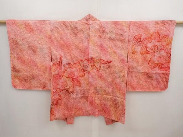 Photo1: 6916T10z420 Vintage Japanese Kimono Silk SHIBORI HAORI Flower Red-Pink (1)