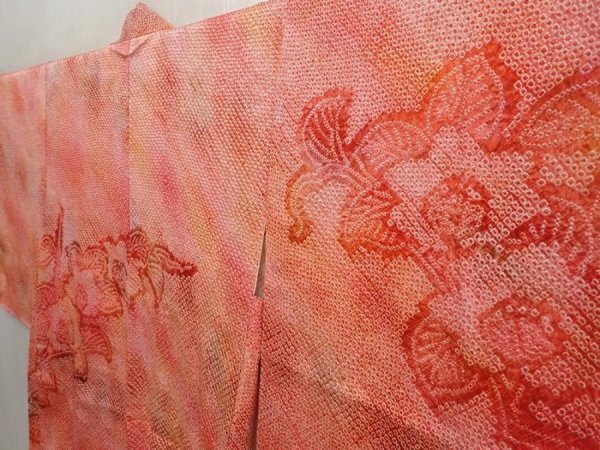 Photo2: 6916T10z420 Vintage Japanese Kimono Silk SHIBORI HAORI Flower Red-Pink (2)