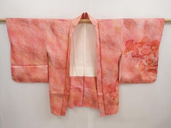 Photo5: 6916T10z420 Vintage Japanese Kimono Silk SHIBORI HAORI Flower Red-Pink (5)