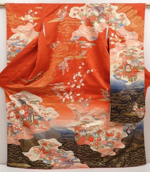 Photo1: 6916T12z1140  Japanese Kimono Silk FURISODE Flowers Dark red (1)