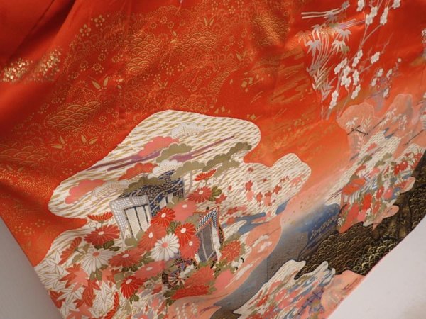 Photo3: 6916T12z1140  Japanese Kimono Silk FURISODE Flowers Dark red (3)