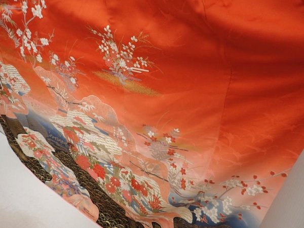 Photo4: 6916T12z1140  Japanese Kimono Silk FURISODE Flowers Dark red (4)