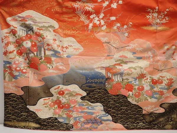 Photo5: 6916T12z1140  Japanese Kimono Silk FURISODE Flowers Dark red (5)