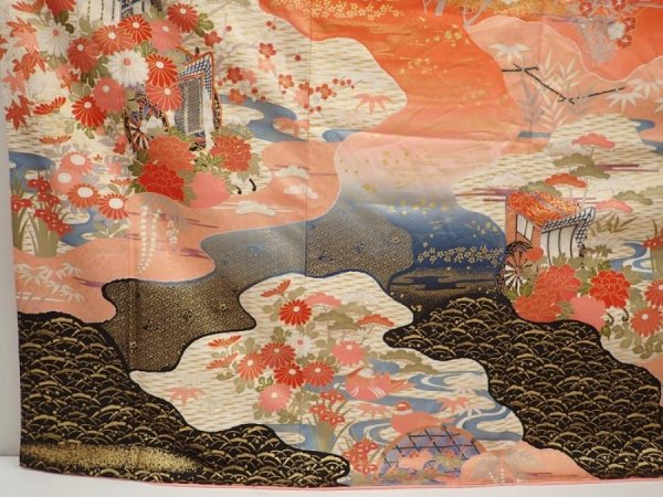 Photo6: 6916T12z1140  Japanese Kimono Silk FURISODE Flowers Dark red (6)