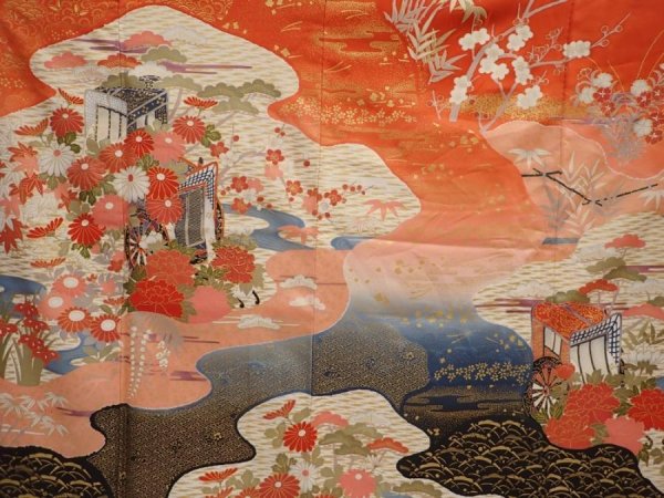 Photo8: 6916T12z1140  Japanese Kimono Silk FURISODE Flowers Dark red (8)
