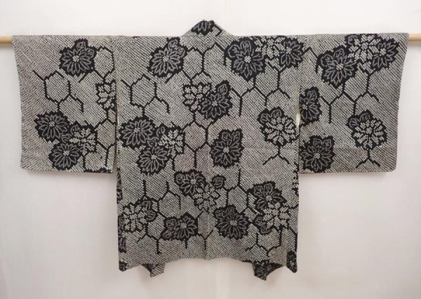 Photo1: 6917T02z550 Vintage Japanese Kimono Silk SHIBORI HAORI Chrysanthemum Black (1)