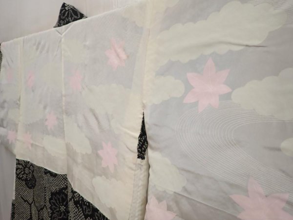 Photo7: 6917T02z550 Vintage Japanese Kimono Silk SHIBORI HAORI Chrysanthemum Black (7)