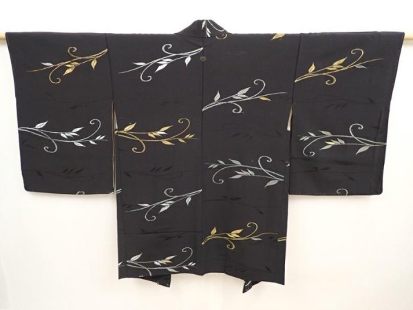 Photo1: 6917T03z640 Vintage Japanese Kimono Silk HAORI Leaf Black (1)