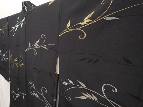 Photo2: 6917T03z640 Vintage Japanese Kimono Silk HAORI Leaf Black (2)