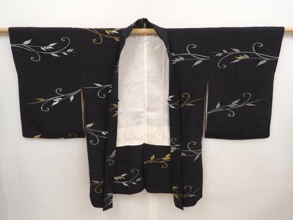 Photo6: 6917T03z640 Vintage Japanese Kimono Silk HAORI Leaf Black (6)