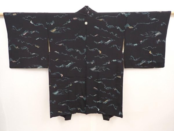 Photo1: 6917T05z740 Vintage Japanese Kimono Silk HAORI  Black (1)