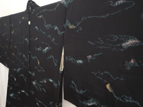 Photo2: 6917T05z740 Vintage Japanese Kimono Silk HAORI  Black (2)