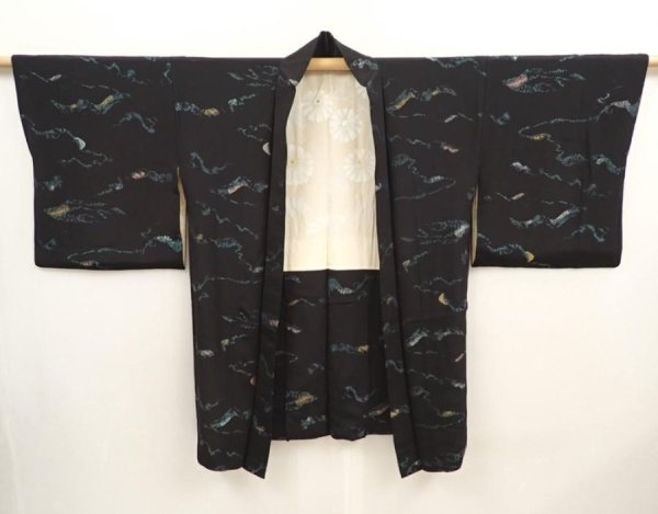 Photo6: 6917T05z740 Vintage Japanese Kimono Silk HAORI  Black (6)