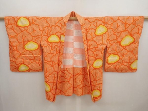 Photo5: 6917T06z450 Vintage Japanese Kimono Silk SHIBORI HAORI  Dark orange (5)