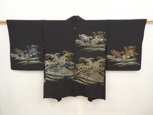 Photo1: 6917T07z540 Vintage Japanese Kimono Silk HAORI Wave Black (1)